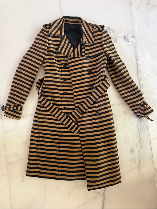 Burberry Jackets & Blazers - Burberry Striped Double-Breasted Trench Coat in Tan and Black